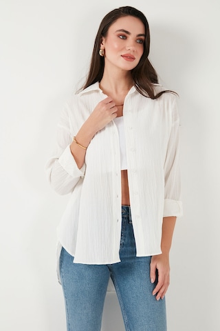 Lela Regular Fit Uzun Kollu Dokulu Bayan Gömlek 6772799 Beyaz