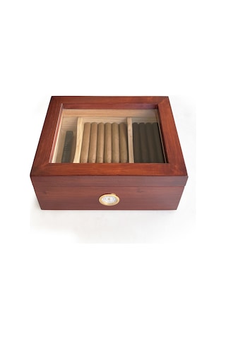 Mezmob Masif Yerli Sedir Ağacı Humidor Puro Kutusu Camlı 2 Bölmeli