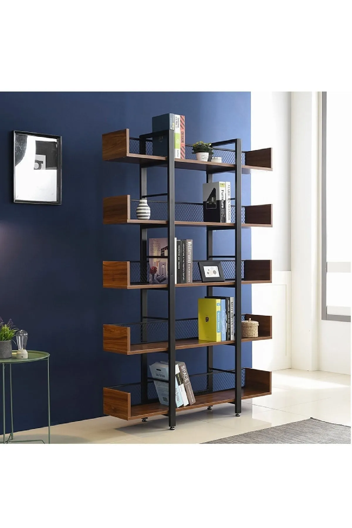 Endüstriyel Tasarım 5 Katlı Tel Detaylı Kitaplık-aksesuar Rafı-çiçeklik-çok Amaçlı Raf Ceviz-siyah