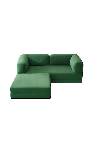 Herev 180x180 Cm 50 Dns Modüler Köşe Koltuk Fitilli Kadife Kumaş, Yatak Olabilen, Modern Tasarım Şark Köşe Yeşil