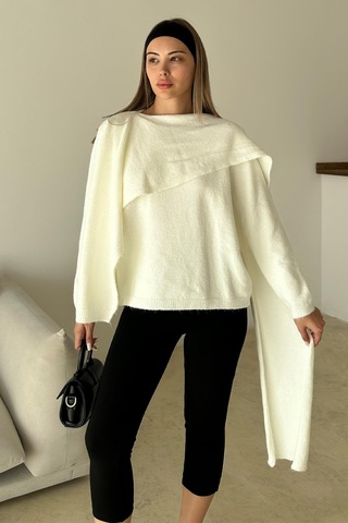 Olcay Kendinden Atkılı Triko Kazak Ekru 8266