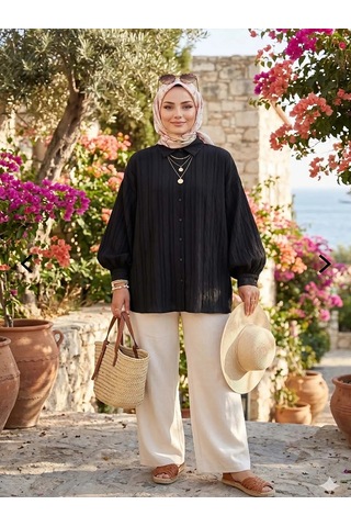 Mirve Butik Balon Kol Gömlek SİYAH