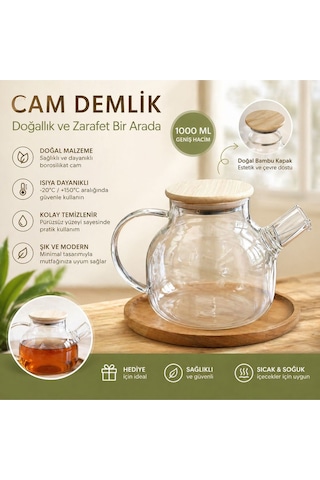 Kulplu Süzgeçli Isıya Dayanıklı Borosilikat 1000 Ml Cam Demlik Vakumlu Bambu Kapak Diğer