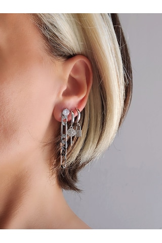 3'lü Gurmet Zincir - Anahtar -kilit Model Gümüş Renk Küpe Seti Gümüş