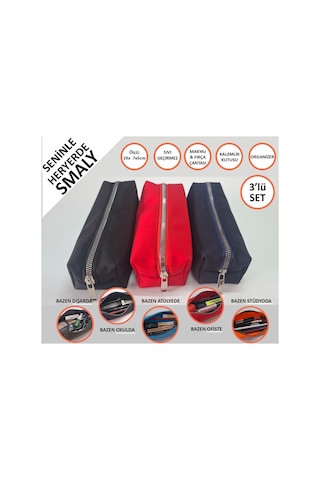 Kalemlik 3lü Set/paket Organizer Makyaj Çok Amaçlı Pinterest Okula Dönüş Çantası Tek Bölmeli Siyah+kırmızı+lacivert