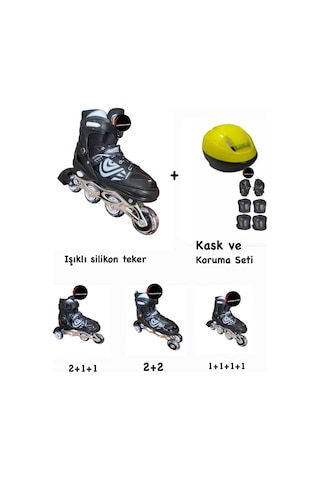 Işıklı Çocuk Pateni Ayarlanılabilir Silikon Tekerli Frenli Metal Gövdeli Paten Ve Kask Dizlik Set Siyah