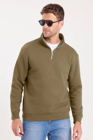Tudors Unisex Relax Fit Rahat Kesim Pamuklu İçi Polarlı Yarım Fermuarlı Haki Dik Yaka Sweatshirt-35162 Haki