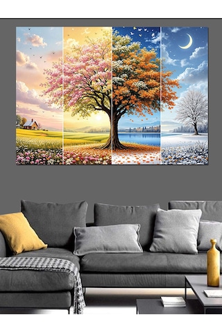 Dört Mevsim Ağaç Manzarası Dekoratif Kanvas - Mdf Ahşap Tablo
