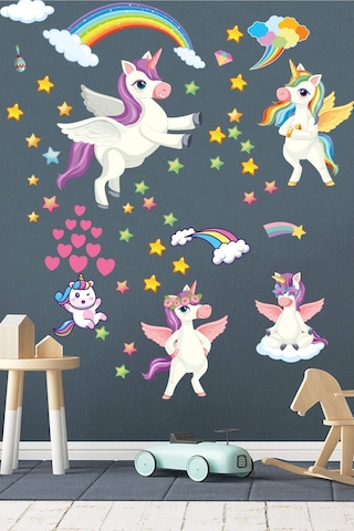Unicorn Gökkuşağı Bulutlar Ve Yıldızlar Çocuk Odası Sticker Seti