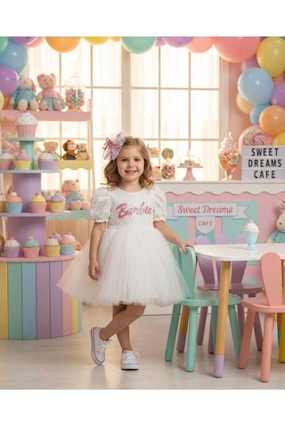 Butikhappykids Kız Çocuk Barbiee Temalı Tütülü Taçlı Elbise 3-7 Yaş Beyaz