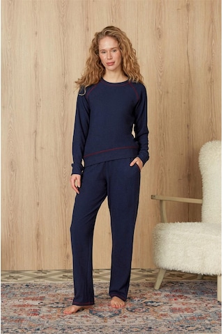 Doreanse Kadın Lacivert Waffle Kumaş Kırmızı Dikiş Detaylı T-shirt Pijama Takımı 4204-standart Standart