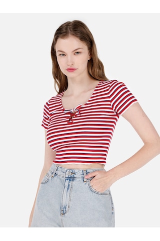 Colin's Colins Slim Fit Derin Yuvarlak Yaka Desenli Kırmızı Kadın Kısa Kol Tişört Cl1069122 Q1.v1 Red Kırmızı