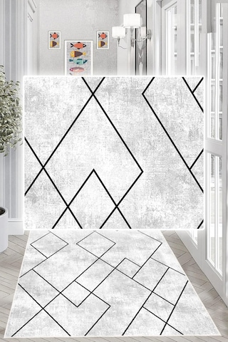 Dijital Baskılı Dekoratif Kaymaz Taban Yıkanabilir Geometrik Yolluk Antre Hol Halısı Salon Halısı Gri