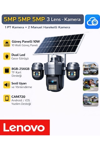 G4w19 3 Lensli 4g Sım Kartlı 360 Ptz Solar Güvenlik Kamerası Güneş Panelli Gece Görüşlü Dış Mekan 1 Yıl 120gb Dahil