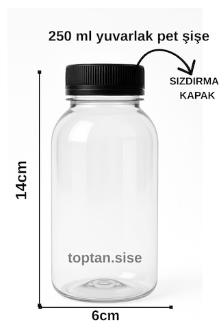 250ml Pet Yuvarlak Şişe Ve Siyah Kapak 6 Adet Şeffaf - Siyah