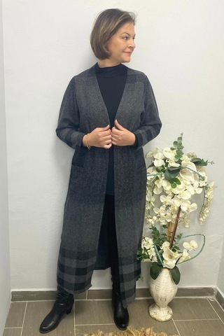 Mia Butik Büyük Beden Siyah Desenli Uzun Hırka Siyah