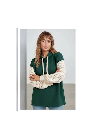 Mamayaga Kadın Kolları Örgü Triko Şık Tasarım Oversize Tunik Boy Zümrüt Yeşili Sweatshirt Kazak Yeşil