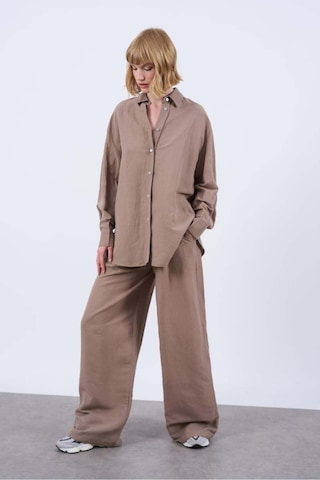 Kadın Keten Gömlek Pantolon Takım Vizon