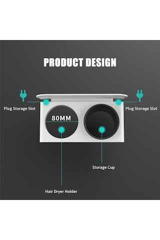 Novahub Erkek Saç Kurutma Askılığı Duvar Montajı Bardak Raflı Düzenleyici Banyo Eşyası Gri
