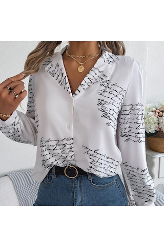 Gmxıa Kadın Modası Günlük Yazlık Takım Uzun Kollu Yaka Bluzlar Ve Alfabe Gömlekler Beyaz