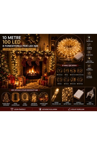 Gün Işığı Peri Led Işık 8 Fonksiyon 10 Metre 100 Ledli Dekoratif Yılbaşı Ağacı Parti Ev Oda Süsleme Diğer