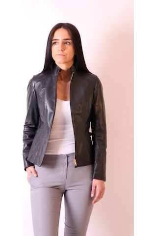 Hakiki Deri Hakim Yaka Slim Lacivert Ceket