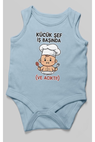 Küçük Şef İş Başında Ve Acıktı Baskılı Bebek Zıbını Çıtçıtlı Body 8 Renk %100 Pamuk Sıfır Kol Bebe Mavisi