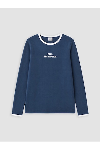 LC Waikiki Lcw Kids Lacivert Bisiklet Yaka Baskılı Uzun Kollu Kız Çocuk Tişört Navy
