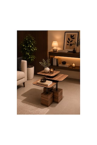 Modern Zigon Sehpa Trio Yan Sehpa Servis Sehpası Ceviz %100 Mdf Kahverengi Kahverengi