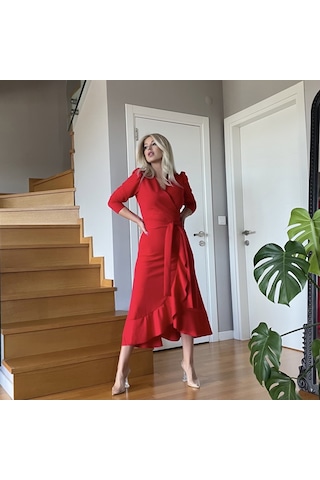 Krep Kumaş Midi Boy Kuşaklı Uzunkol Elbise Bediva 001