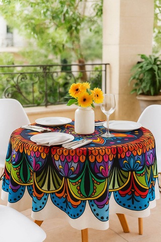 Yuvarlak Etnik Desenli Duck Kumaş Masa Örtüsü 150x150 Cm Çok Renkli