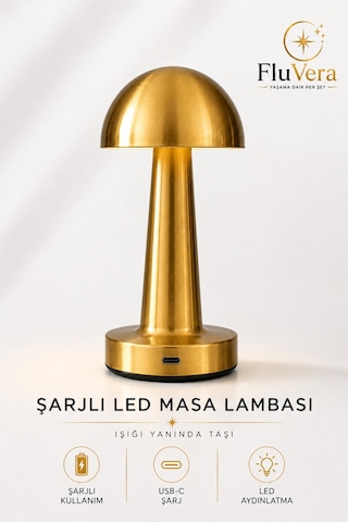 Şarjlı Masa Lambası Gold Mantar Kablosuz Led Dokunmatik Gece Lambası Altın