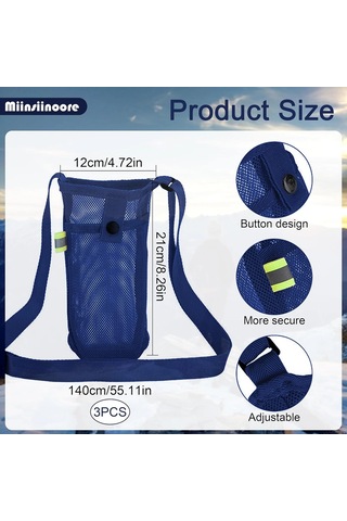 Fortunelane 3'lü Su Şişesi Çantası Seti - Ağ Desenli Kılıf, Askılı, Yürüyüş Kamp İçin Siyah Mavi Gri, Siyah - Gri - Mavi