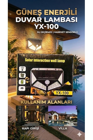 100 Led Dış Mekan Solar Aydınlatma Fotoselli Solar Lamba Hareket Sensörlü Altın
