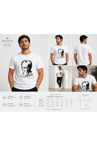 Westicgiyim Atatürk Baskılı Beyaz Tişört Kadın Unisex %100 Pamuk Rahat Kalıp Günlük T-shirt Beyaz
