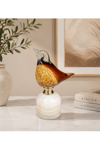 Üfleme Cam Dekoratif Kuş Biblo Beyaz Kaideli Amber Renkli El Yapımı Masaüstü Süs Objesi 17 Cm .