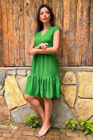 Neşeli Butik Kadın Yeşil V-yaka Eteği Fırfırlı Yazlık Elbise Lptr02 Yeşil