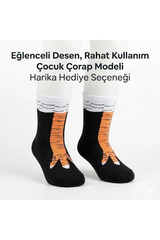 COjans Tavuk Desenli Çocuk Çorap Siyah Turuncu Eğlenceli Hayvan Figürlü Yumuşak Dokulu Günlük Çorap Çok Renkli