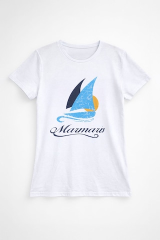 Blue White Kadın Bisiklet Yaka %100 Pamuk Marmaris Baskılı T-shirt Beyaz
