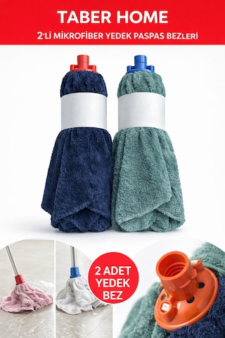 Taber Home 2'li Mikrofiber Yedek Paspas Bezi Vidalı Mop Başlığı Seti - Yüksek Emici Temizlik Bezi