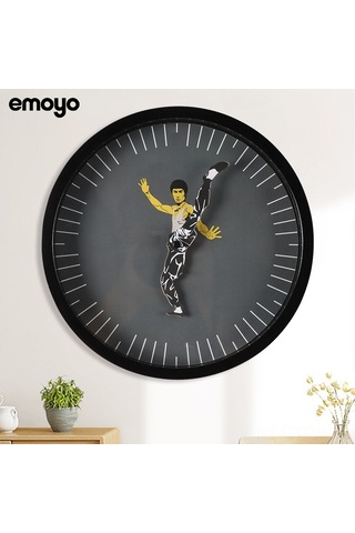 Tenfowee Klasik Lee Bruce Kung Fu Desenli Sessiz Duvar Saati, Ev Dekoru İçin Siyah Yuvarlak Zaman Takibi Aleti Çok Renki