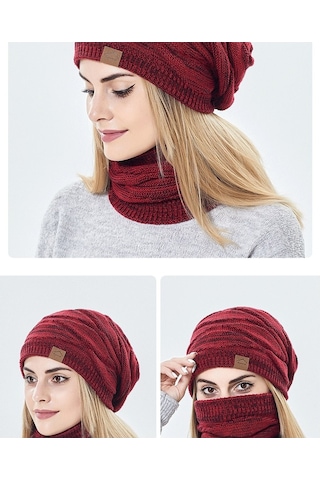 Kadınlar İçin Şık Ve Sıcak Kışlık Bere Şapka Atkı Seti, Soğuk Havalara Özel Kombin Kırmızı