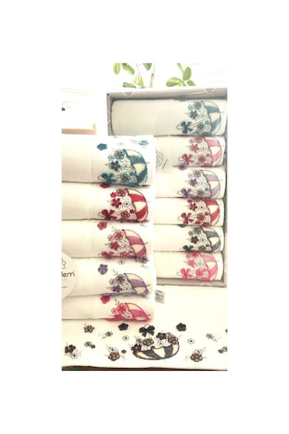 6.lı Set Annem 50x90 Cm. Özel Tafting Nakışlı Kadife Doku Çeyizlik Lüks Havlu Seti Beyaz Beyazşemsiye Beyaz