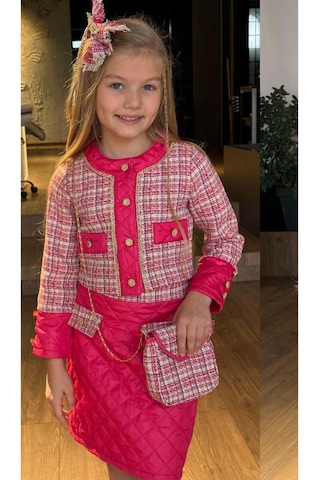 Riccotarz Kız Çocuk Kapitone Ve Altın Şerit Detaylı Şanel Fuşya Etekli Takım Fuşya