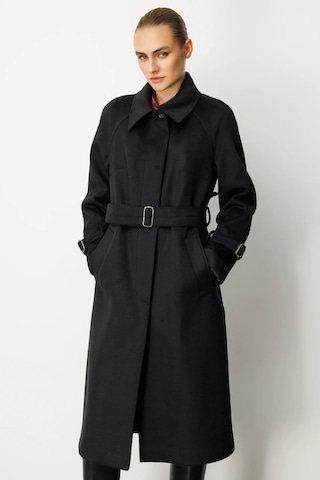 Ekol Kadın Kolu Ve Beli Kemerli Kaşe Kaban 6057 Siyah Siyah