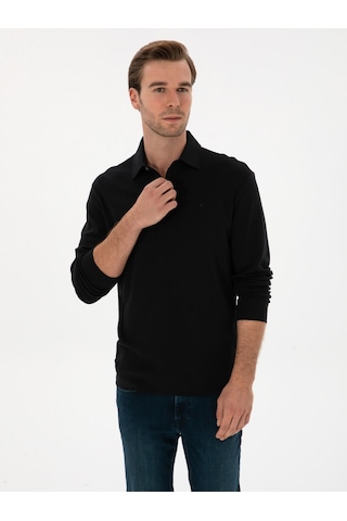 Lacivert Regular Fit Kaşmir Karışımlı Polo Yaka Sweatshirt