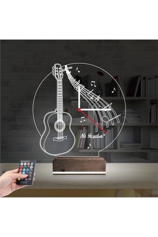 Luvivia Gitar Müzik Nota Kişiye Özel Saatli 3d Lamba - Masa Gece Lambası Şeffaf