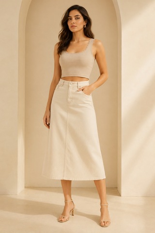 Loule Kadın Dantel Detaylı Fitilli Crop Top Bej Pamuklu