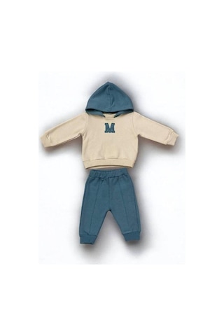 Erkek Bebek Harf Baskılı İçi Şardonlu Eşofman Takımı-15096 Mavi