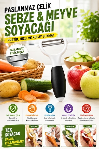 Siyah Saplı Sapan Soyacak Paslanmaz Çelik Sebze Meyve Soyucu Ergonomik Pratik Mutfak Aparatı